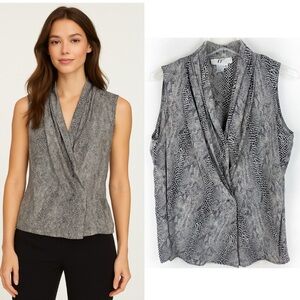 Vintage 100% Silk Snake Print Sleeveless Blouse Black Tan Medium Career Office